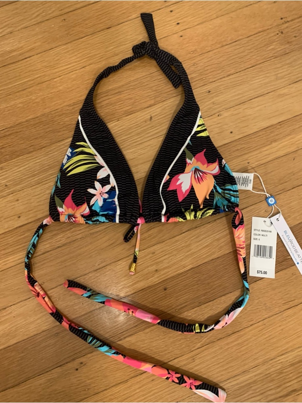 NWT Bleu Rod Beattie Black Multicolor Triangle Bikini Top with Halter Ties SZ 6 - Picture 6 of 11
